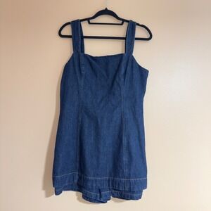 Line and Dot Dark Wash Denim Skort Romper Square Neck Mini Dress LR6331B Large